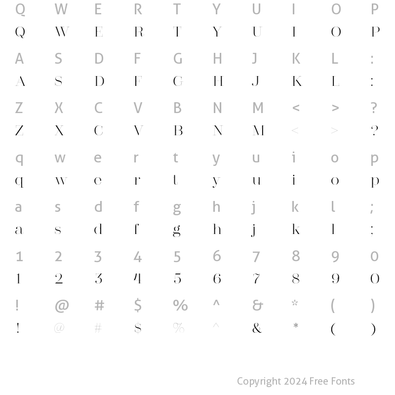 Character Map of Absolute Beauty Serif Thin