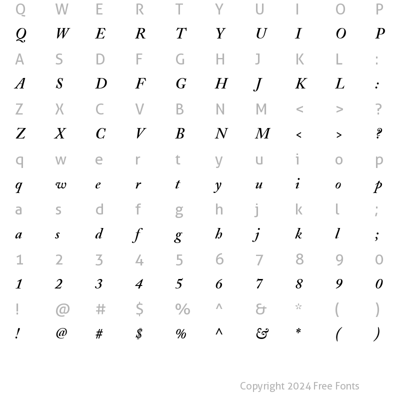 Character Map of ACaslon Regular Bold Italic