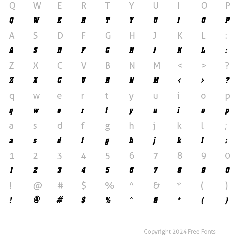 Character Map of AcklinCondensed Italic