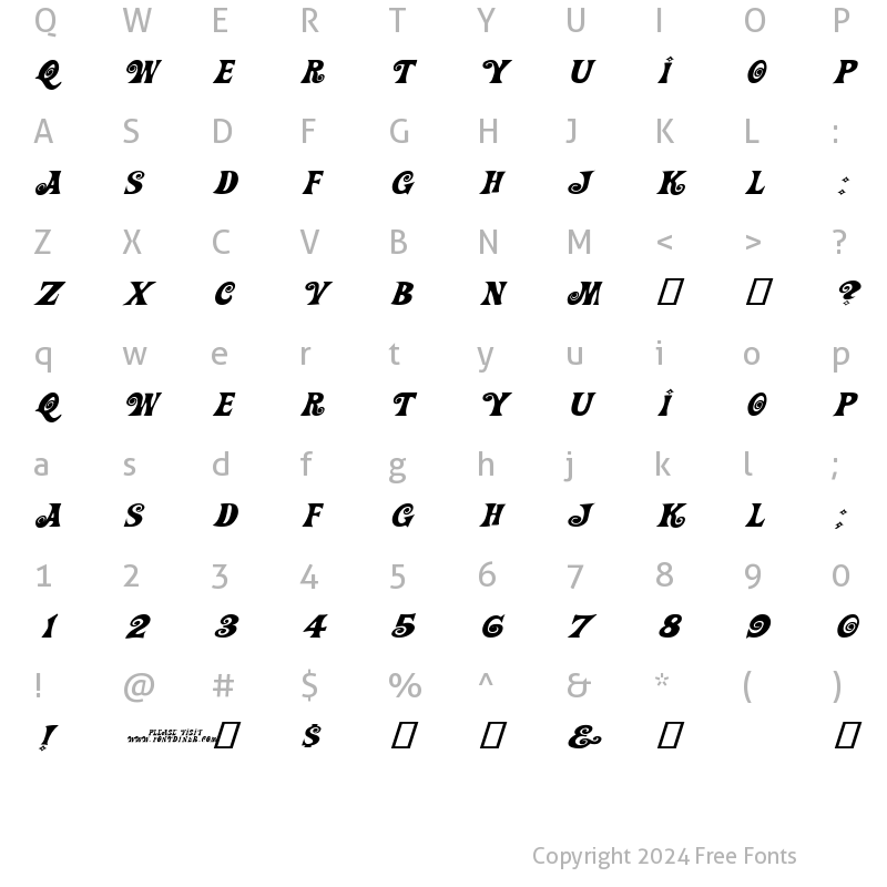 Character Map of Action Is, Wide & Diagonal JL Expanded Italic