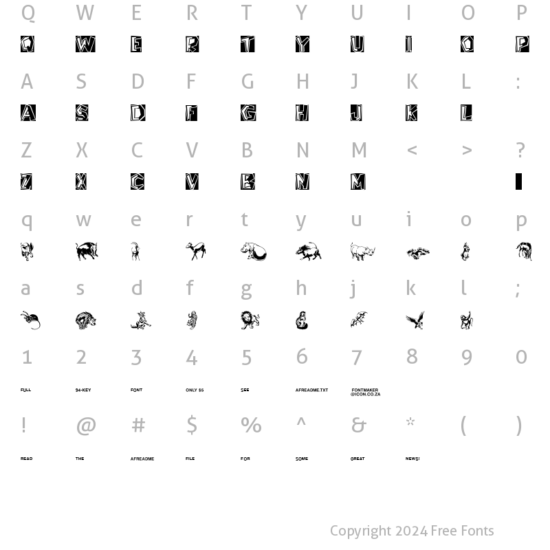Character Map of Afrika Phunny Phauna Demo Regular