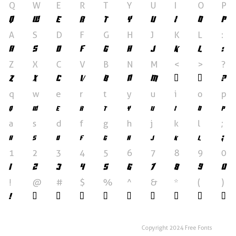 Character Map of Aftershock Debris Condensed Italic