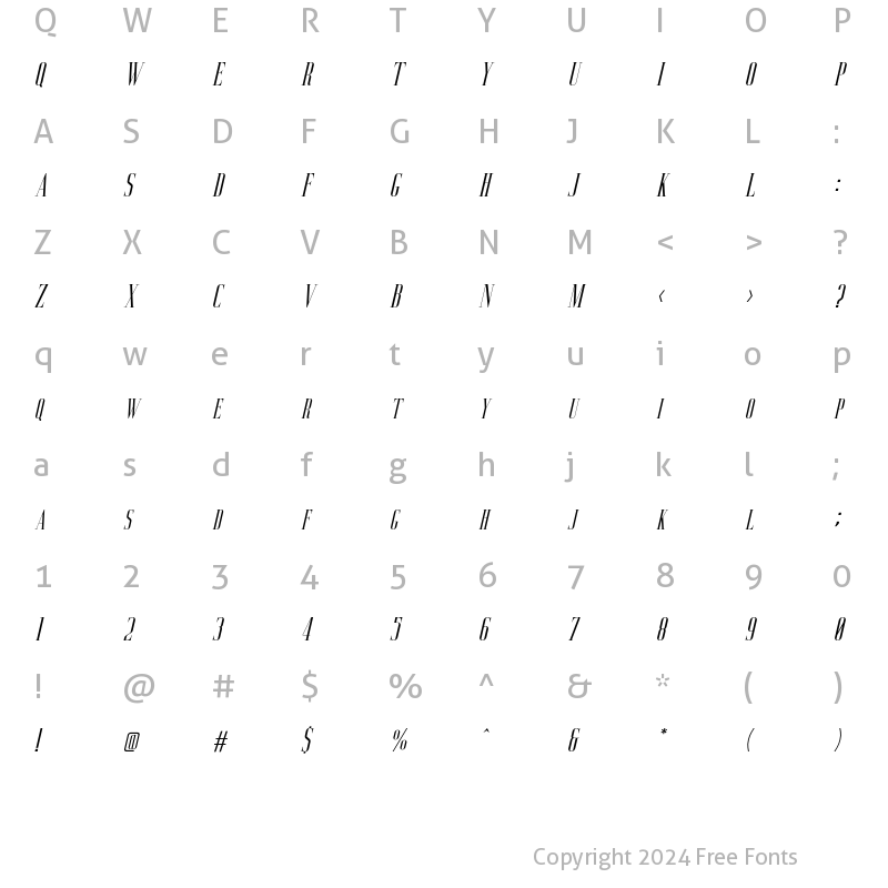 Character Map of Aguero Serif Italic