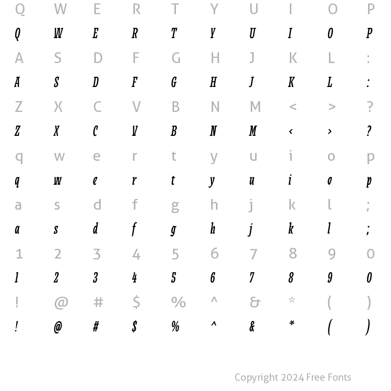 Character Map of Alebrije Condensed Bold Italic