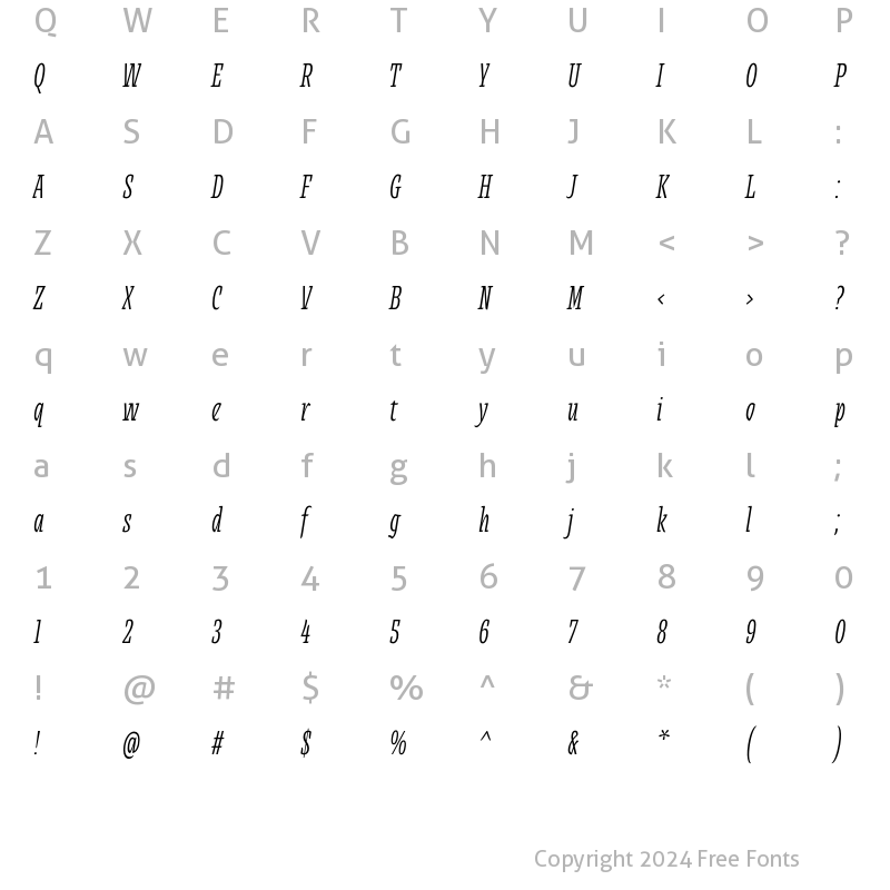 Character Map of Alebrije Condensed Italic