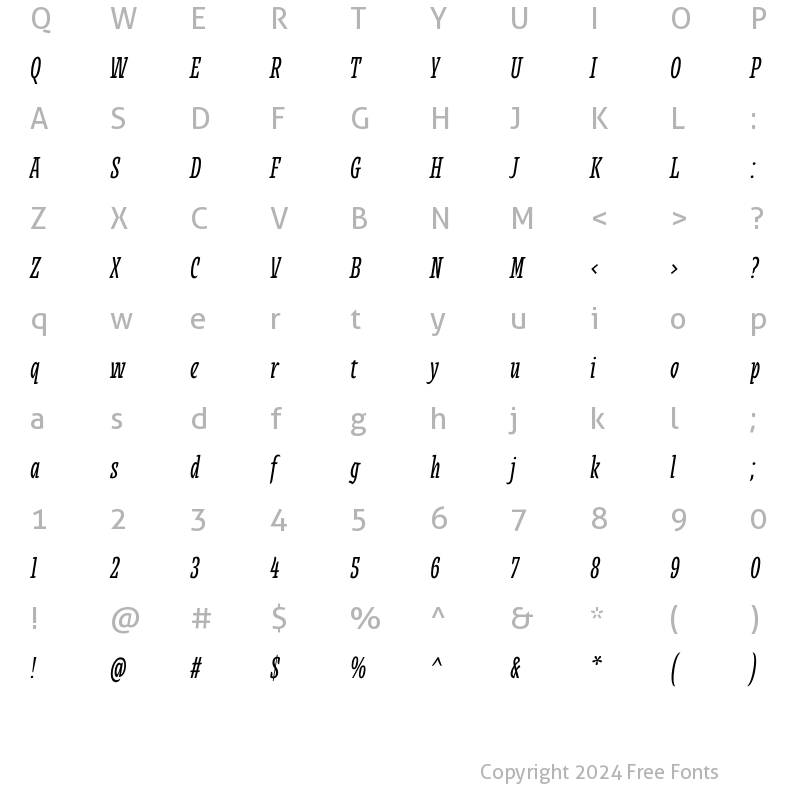 Character Map of Alebrije Condensed Medium Italic