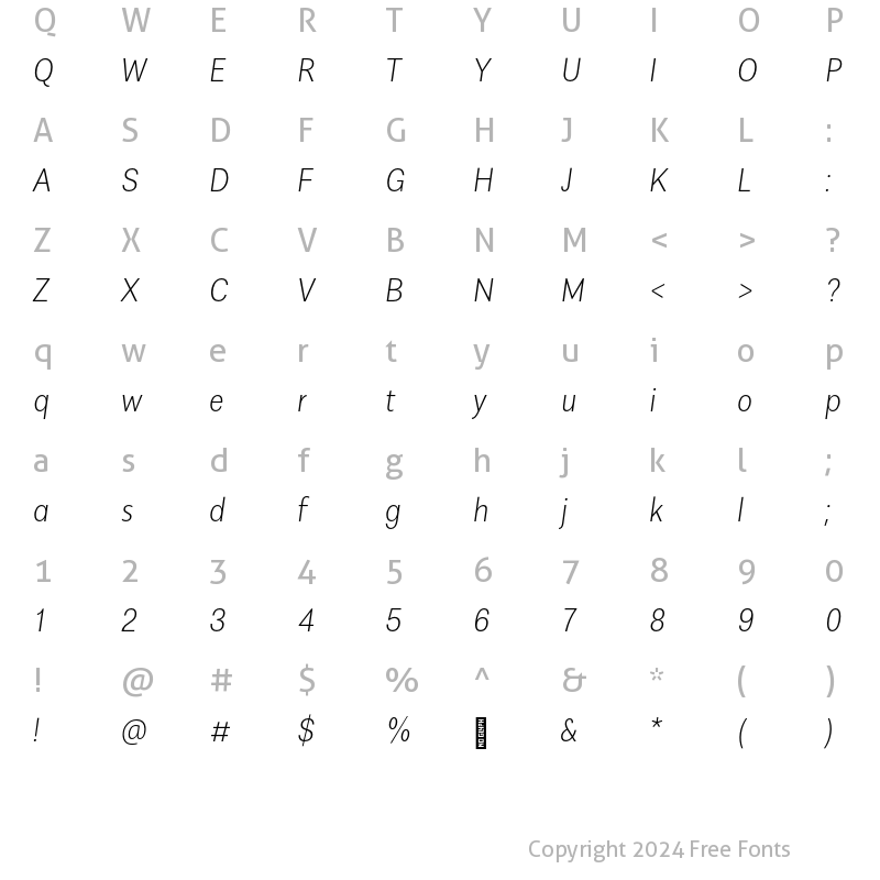 Character Map of AlergiaCondensed ExtraLightitalic