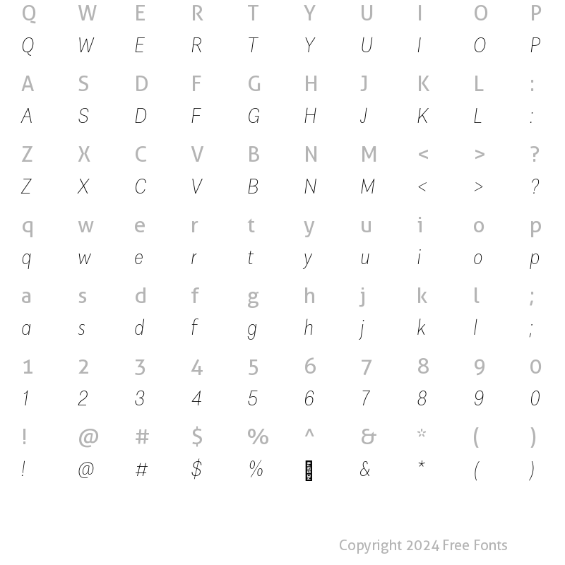 Character Map of AlergiaCondensed Thinitalic