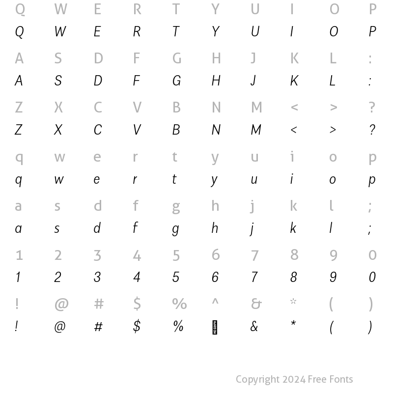 Character Map of AlergiaCondensed UltraLightitalic