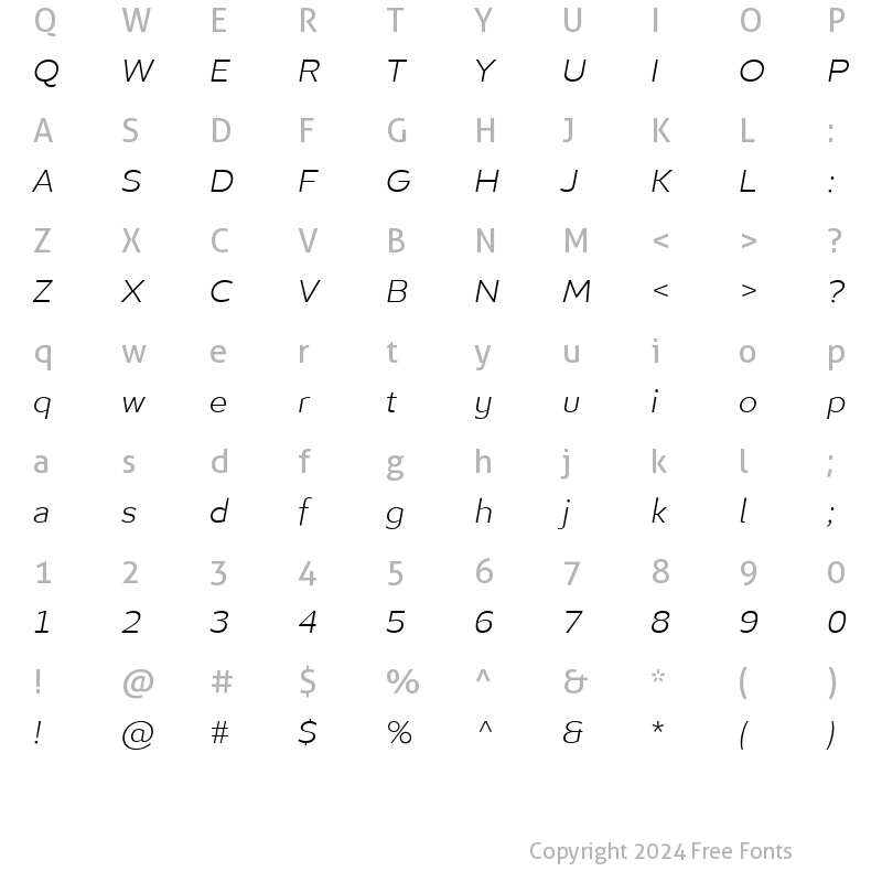 Character Map of Algera-ExtraLightItalic Regular