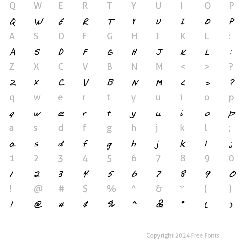 Character Map of AllensHand Bold Italic