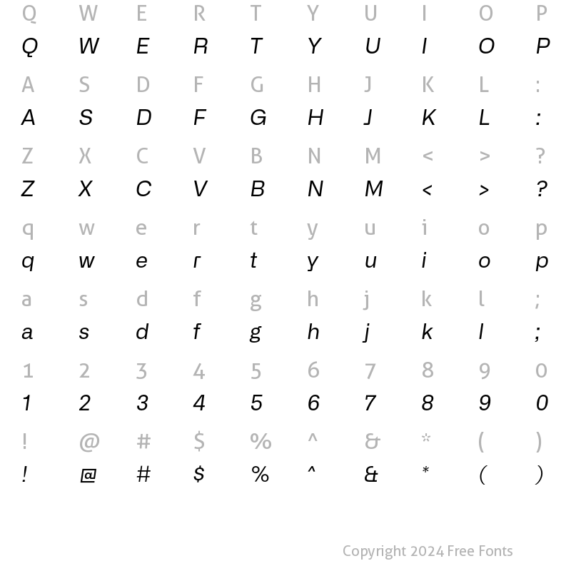 Character Map of Alliance No.2 Regular Italic