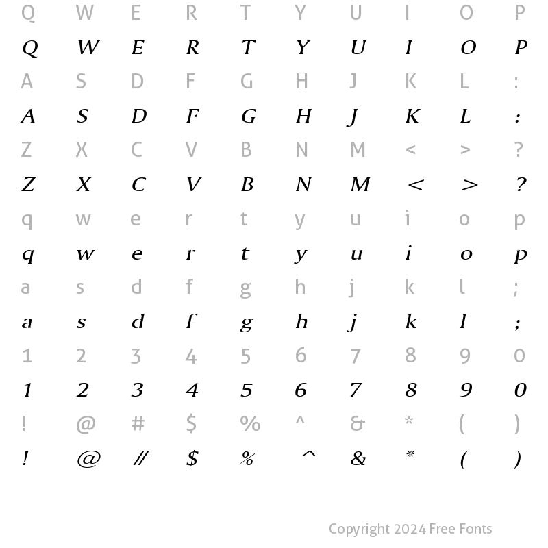 Character Map of Ameretto Wide Italic