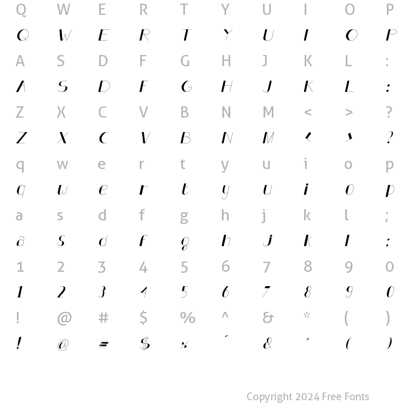 Character Map of Analeigh Thin Italic