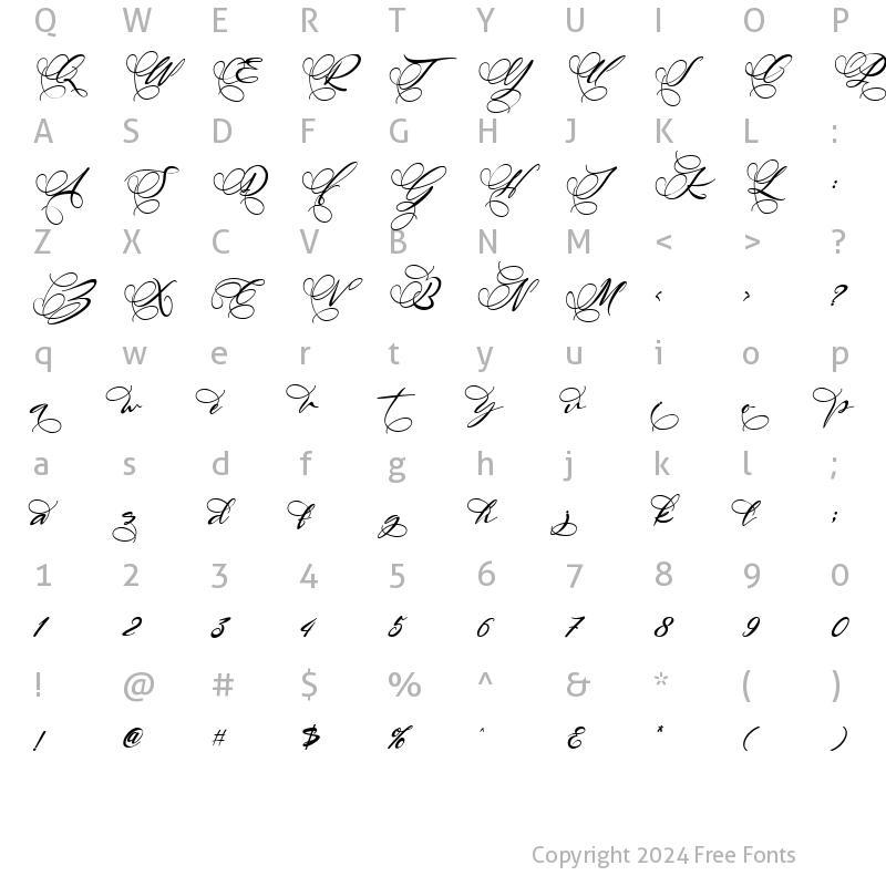 Character Map of Angelin Swash Italic