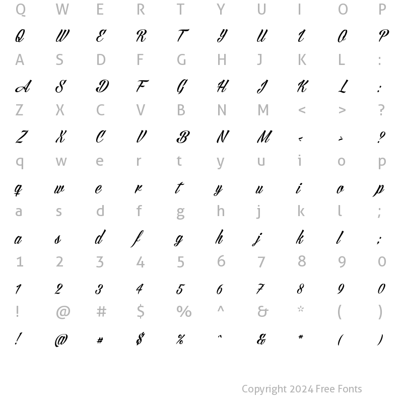 Character Map of Angilla Script Regular