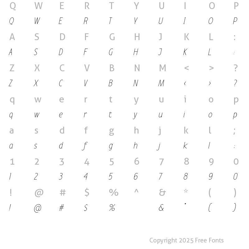 Character Map of Anicon Sans Thin Italic