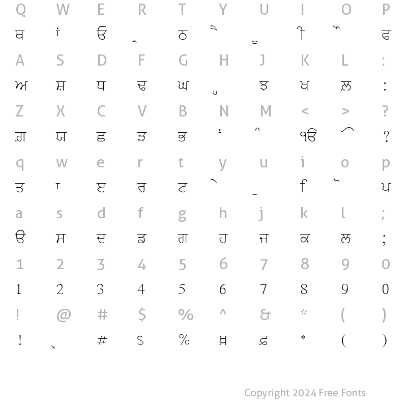 Character Map of AnmolLipiSlim Regular