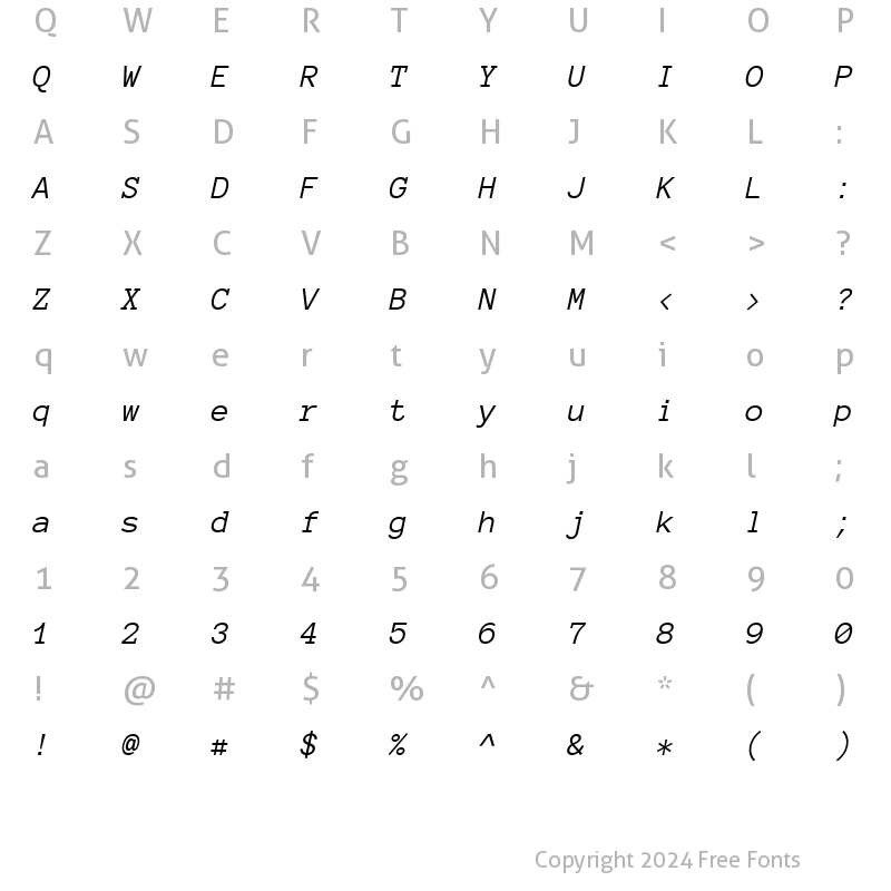 Character Map of Anonymous Pro Italic