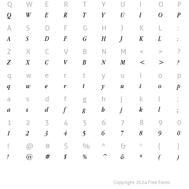 Character Map of Apple Garamond BT Book Italic