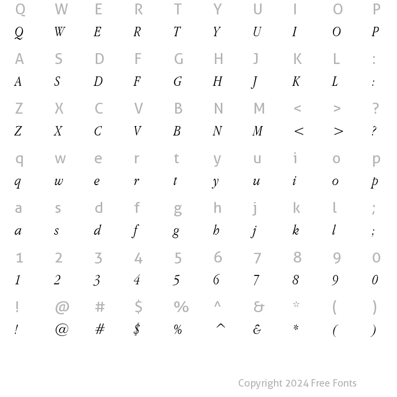 Character Map of Apple Garamond BT Light Italic