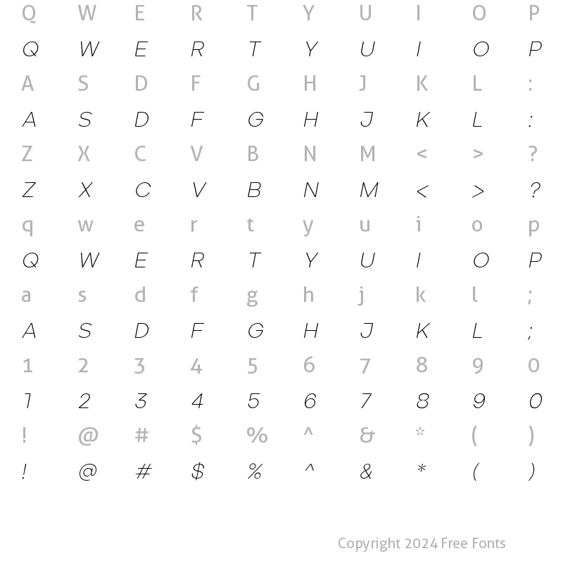 Character Map of ArdelaEdgeX01-ExtraLightItalic Regular