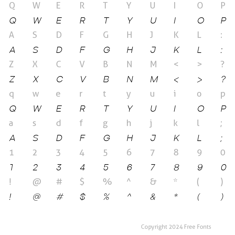 Character Map of ArdelaEdgeX01-LightItalic Regular