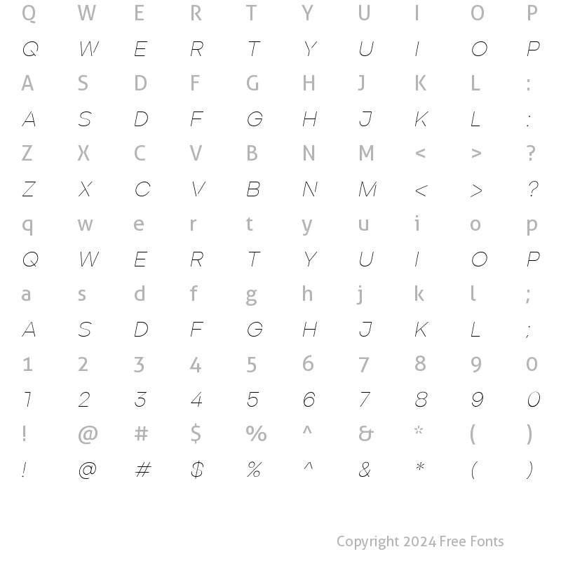 Character Map of ArdelaEdgeX02-ThinItalic Regular