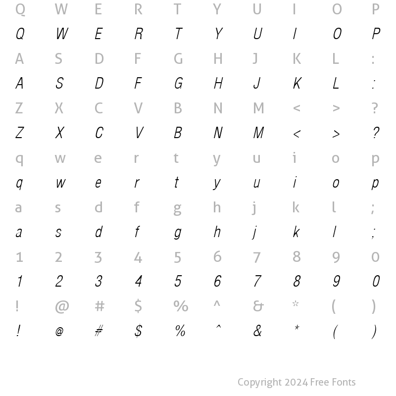 Character Map of ArenaCondensedLight Italic