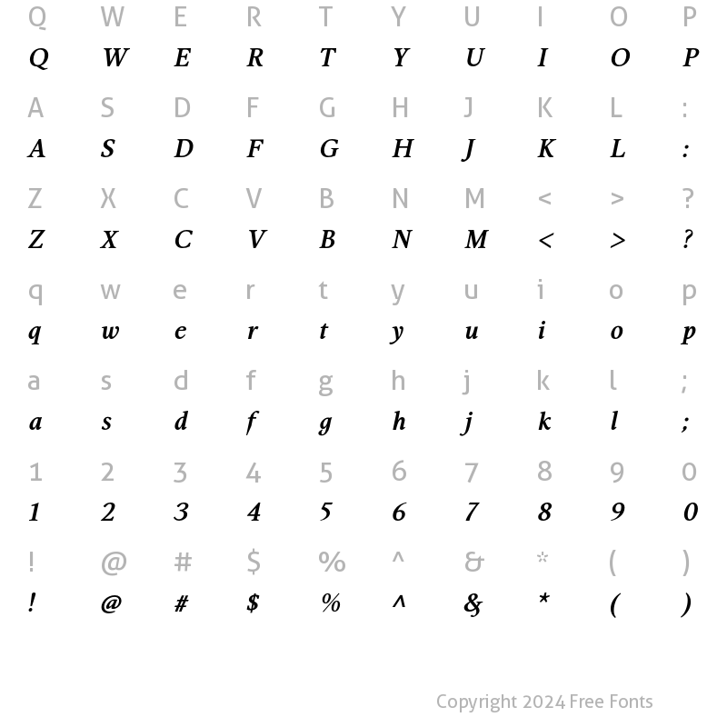 Character Map of Aretino Bold Italic