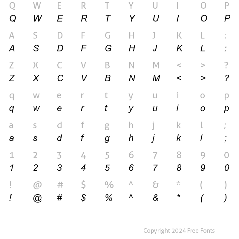 Character Map of Arial MT Std Italic