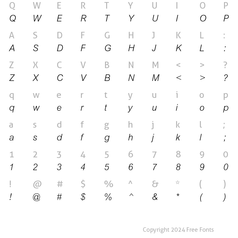 Character Map of Arial MT Std Light Italic