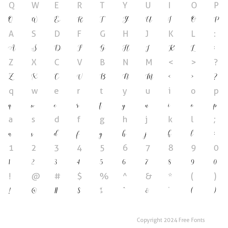 Character Map of arietta script Regular
