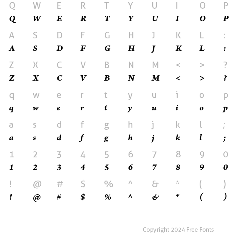 Character Map of Arno Pro Bold Italic Caption