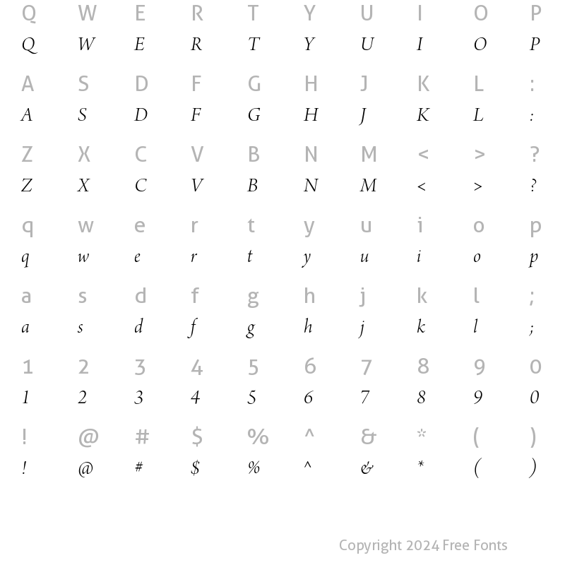 Character Map of Arno Pro Light Italic Display