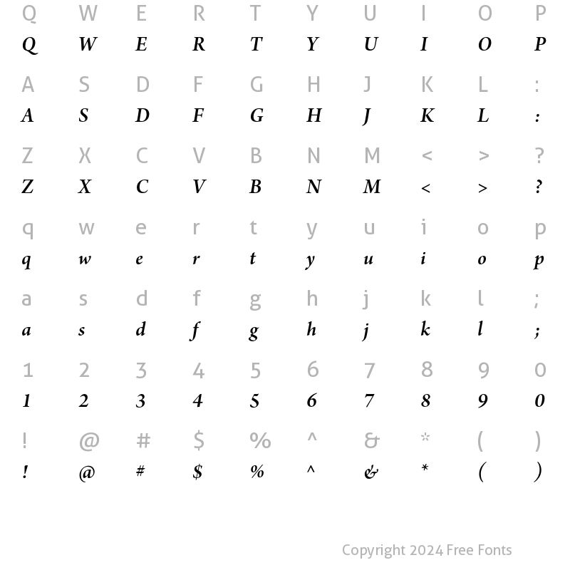 Character Map of Arno Pro Semibold Italic Subhead