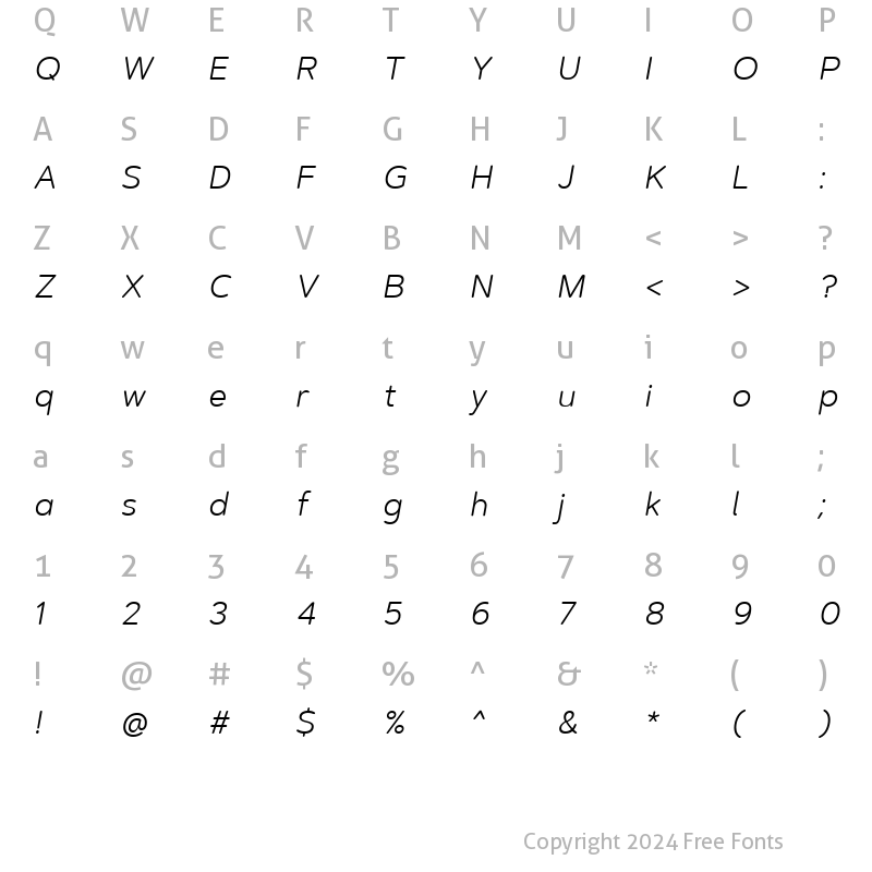 Character Map of ArtegraSoft-LightItalic Regular