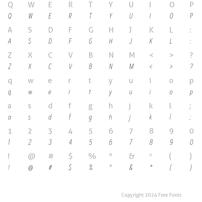 Character Map of ArtegraSoftCn-ThinItalic Condensed