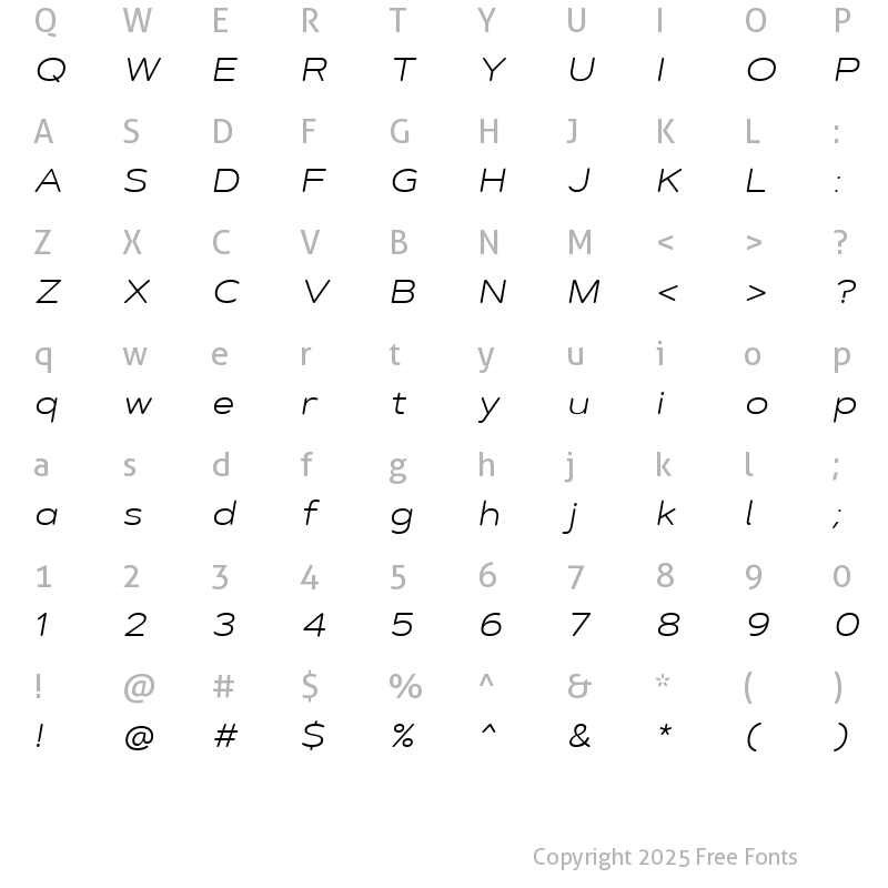 Character Map of ArtegraSoftEx-LightItalic Expanded