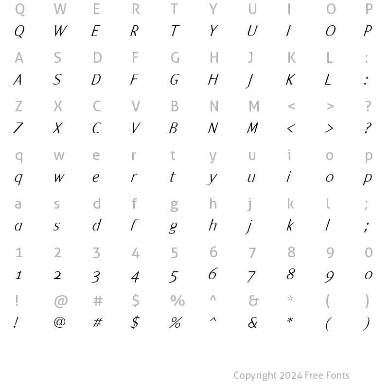 Character Map of ArtemiusSans SN Light TT Regular Italic