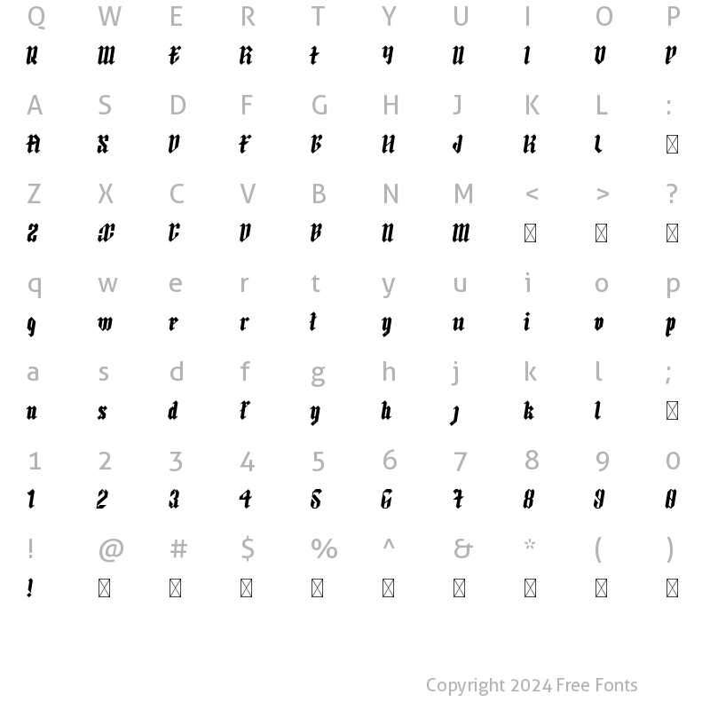 Character Map of ArthurBlack Bold Italic