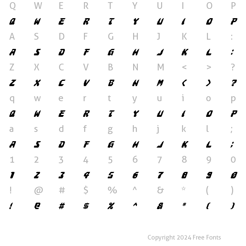 Character Map of Astropolis Condensed Italic Condensed Italic