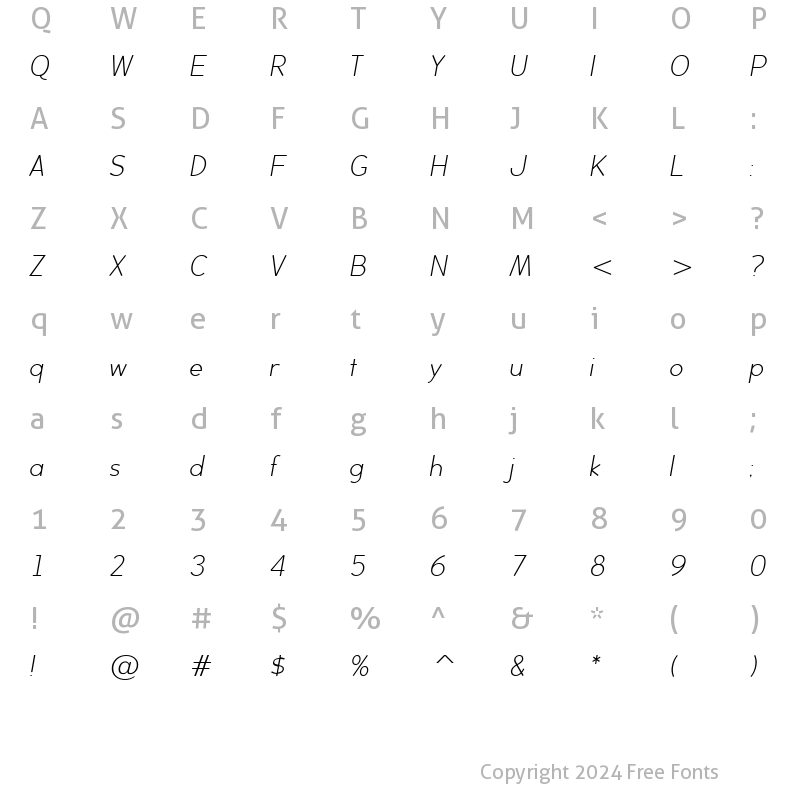 Character Map of BacktalkSans BTN Lt Oblique