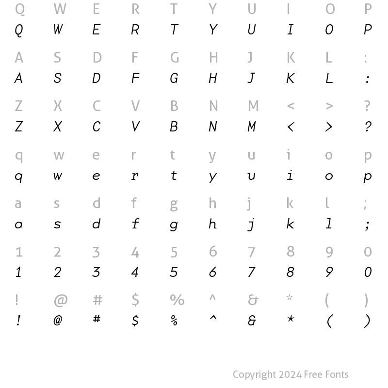 Character Map of BaseMonoWide-Thin ThinItalic