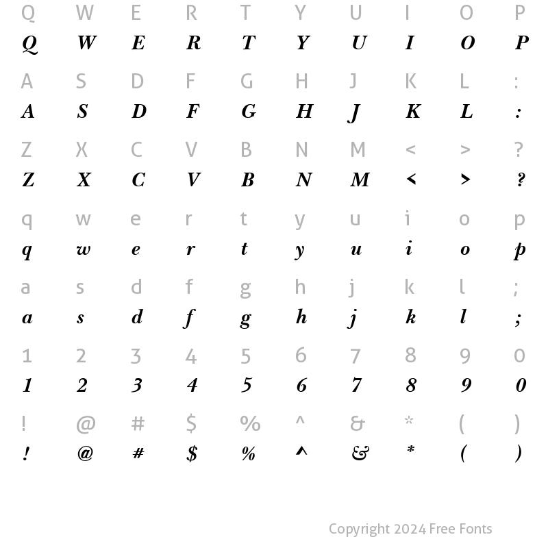 Character Map of Basker Hand URW Bold Italic