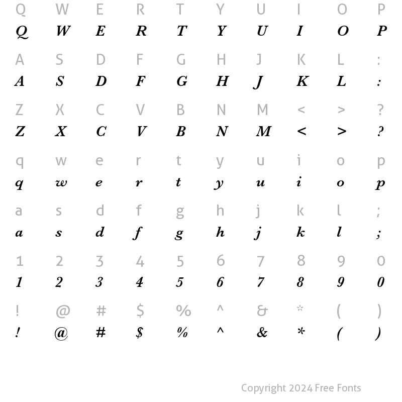 Character Map of Baskerville MT Std Semibold Italic