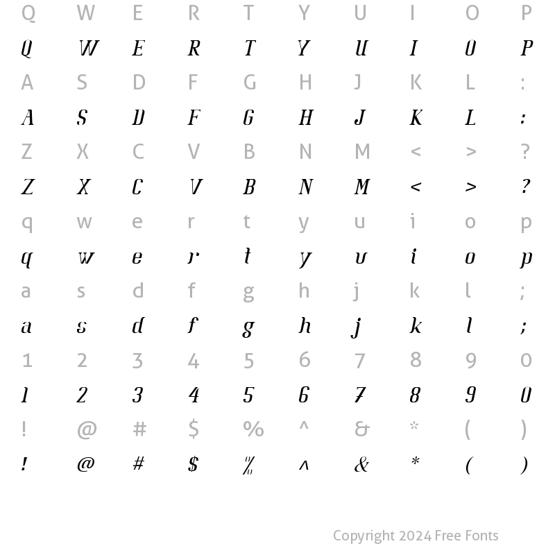 Character Map of Batavia Glamore NORMAL ITALIC Italic