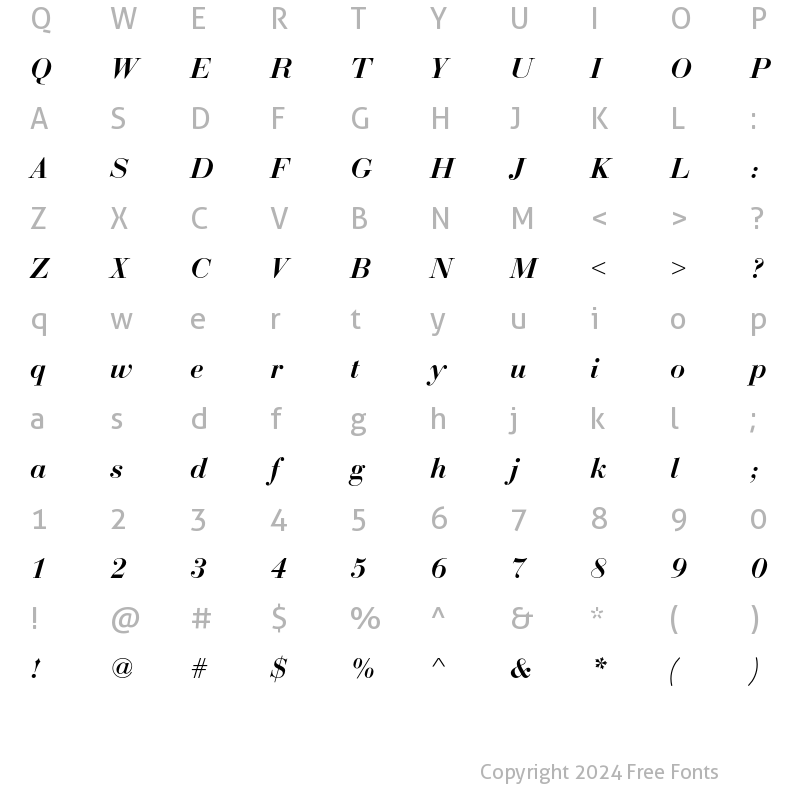 Character Map of Bauer Bodoni D Demi Bold Italic