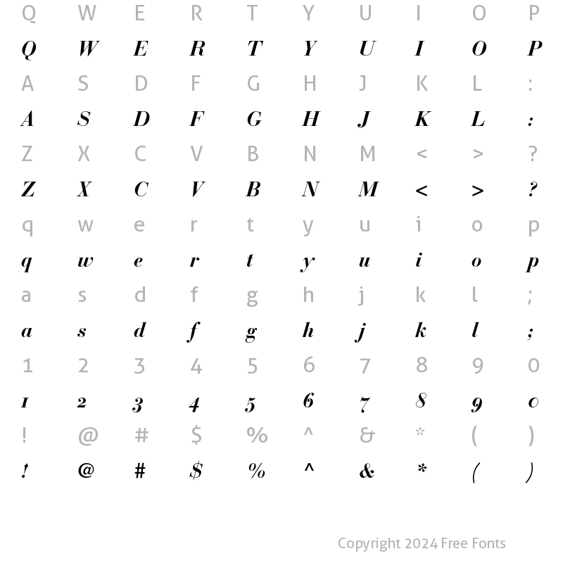 Character Map of Bauer Bodoni Oldstyle Figures Bold Italic