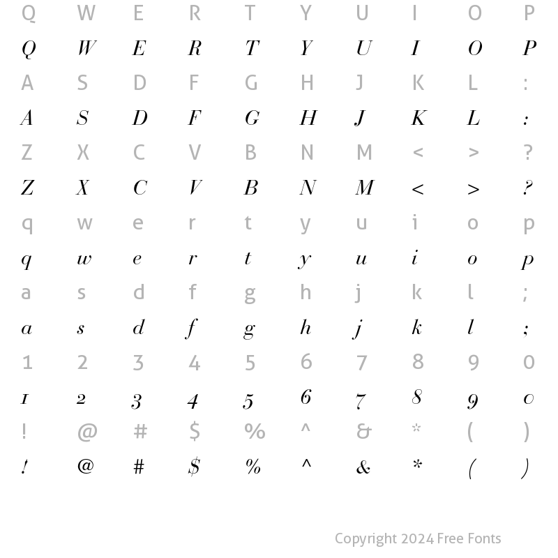 Character Map of Bauer Bodoni Oldstyle Figures Italic